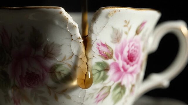 Fresh Tea Pouring into Vintage Floral Ceramic Teacup. 4K Video