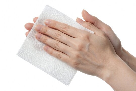 Person dries hands using absorbent paper towel. Close-up view of fingers and palms wiped clean with white disposable tissue on plain background.