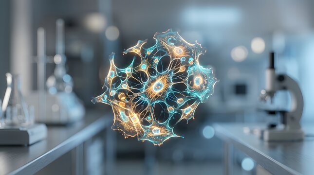 Abstract biological cell structure with glowing nucleus and orange nerves in laboratory setting