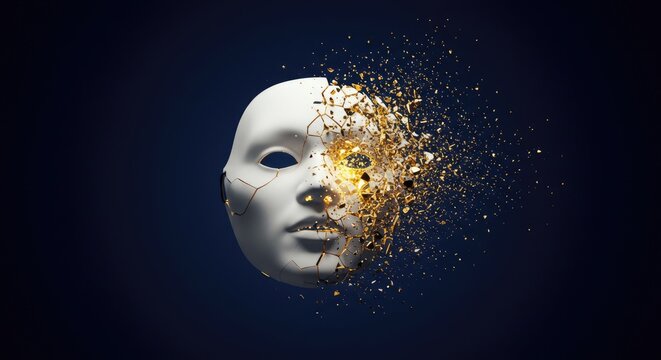 White mask disintegrating into gold particles.