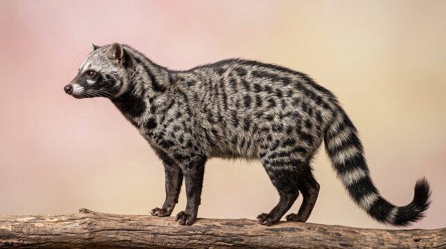 African civet standing in profile on natural wood surface with soft studio lighting and copy space