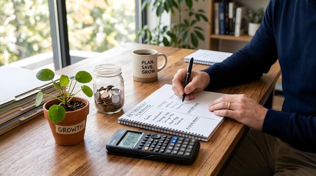 Person writing financial notes beside a calculator, coffee and coins at a bright wooden desk, illustrating budgeting, expense tracking, savings planning and personal finance.
