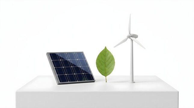 Solar panel and wind turbine beside a green leaf on a clean white background, representing renewable energy, sustainability, clean technology, green power and innovation.
