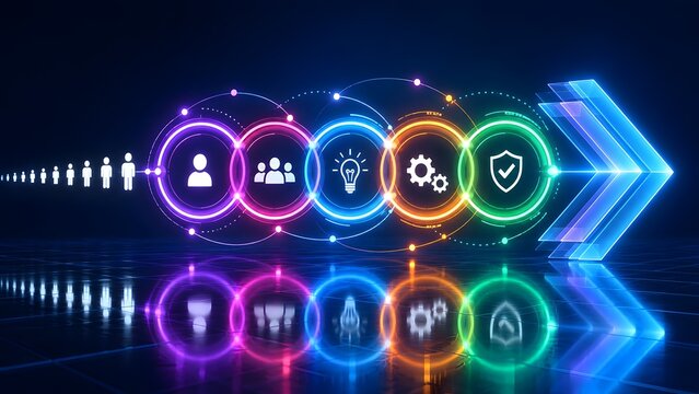 Human resources driving business process and product development lifecycle with glowing digital workflow icons