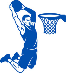 Flat design vector illustration of a basketball player dunking a ball into a hoop, isolated on white background © mohammad