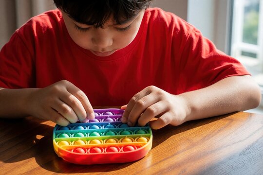 Young boy plays with colorful rainbow pop fidget toy on wooden table. Child uses sensory bubble toy to improve focus, reduce stress. Kid handles silicone popit for ADHD autism therapy, concentration
