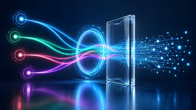 High speed digital network gateway converting colorful optical fiber light trails into encrypted data particles