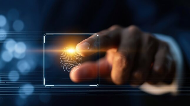 Finger touching digital fingerprint scan interface on dark blue cybersecurity background