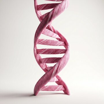 A double helix structure fashioned from woven pink fabric with visible thread texture and soft directional lighting illustrating the beauty of human genetic inheritance