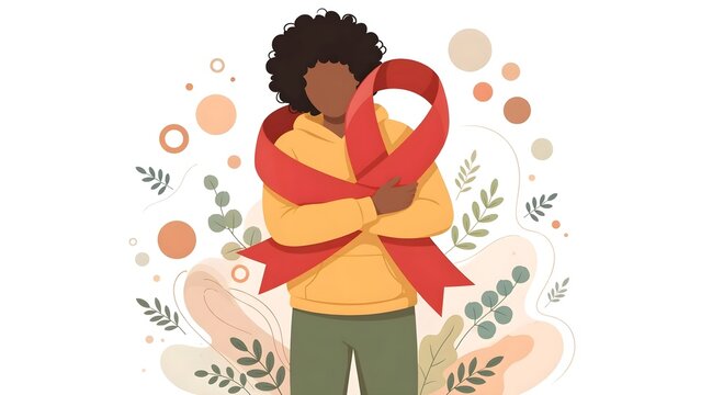 Faceless person hugging a big red ribbon vector illustration, World AIDS Day awareness, HIV support, health campaign, care and hope concept isolated on white background