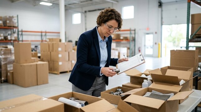 Procurement Manager Inspecting a Sample Shipment for Accuracy - Procurement and Supply Chain Stock Photo