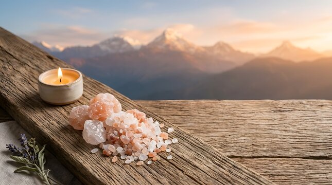 Pink himalayan salt rocks and a lit candle on a rustic wooden table with a serene mountain background at sunset