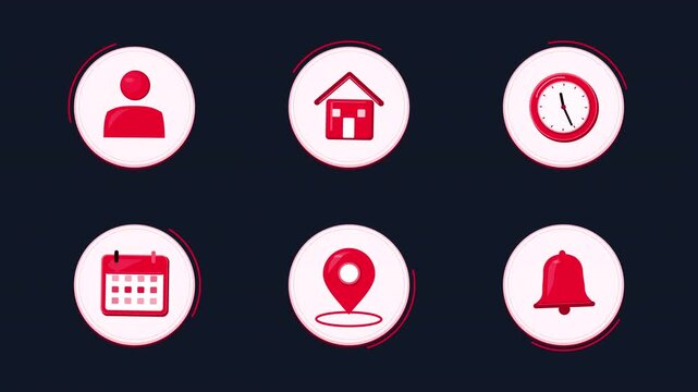 Animated looping circular red ui icons user home clock calendar location and bell on transparent background
