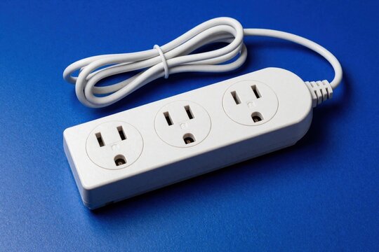 White triple outlet power strip with long electric cord on bright blue background. Modern extension lead provides multiple connection points for household appliances. Minimalist plug adapter supply