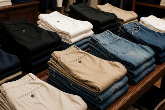 Stacks of folded trousers, jeans and chinos in neutral colors like black, beige, white and blue neatly arranged on wooden shelves in a retail store. Variety of pants displayed for sale.