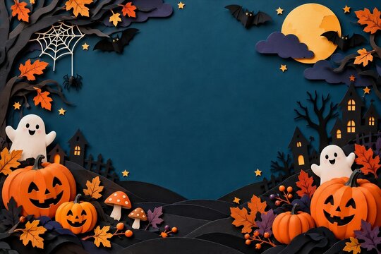 3D Paper Cut Halloween Background with Cute Pumpkins and Copy Space