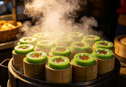 Freshly steamed Indonesian putu cakes with melted palm sugar, grated coconut, pandan, and rising steam.