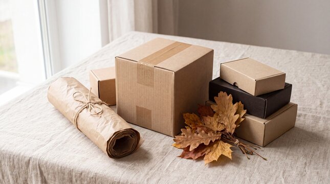 Autumnal Still Life with Cardboard Boxes and Rolled Paper on a Table.