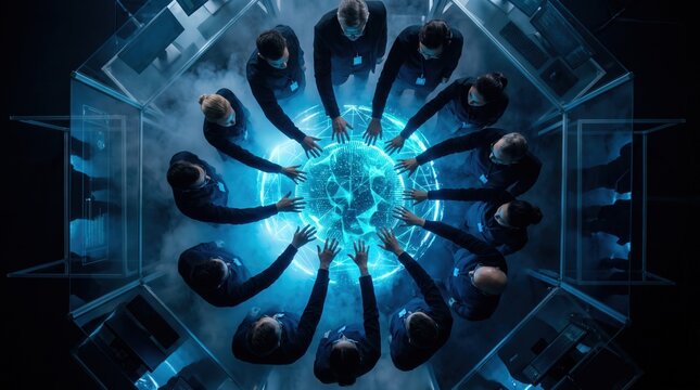 Business team standing in a circle around a glowing digital globe, capturing global connectivity and virtual collaboration for international corporate strategy and future technology marketing.