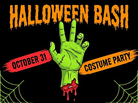 Halloween bash costume party flyer with green zombie hand on black background and halftone effect