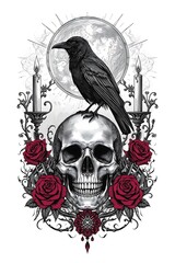 Fototapeta premium Gothic raven with skull and red roses