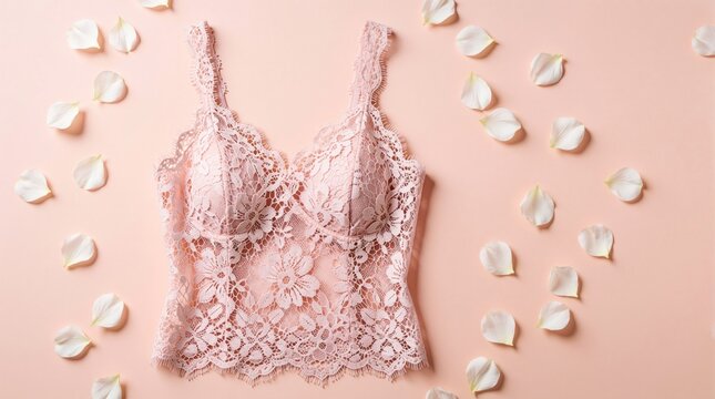 Pink lace camisole with floral pattern and straps lies on soft pink background with white petals. Feminine delicate garment for romantic occasion or wedding.