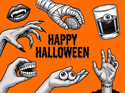 Spooky Halloween illustration with zombie parts and vampire lips on orange background comic book style