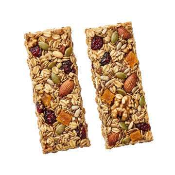 Photo-realistic Healthy Food Granola Bars with Oats, Nuts, Seeds, and Dried Fruits, Isolated on Black