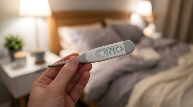 Person holding a digital thermometer showing room temperature in a bedroom