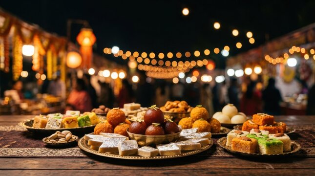 Indian sweets and desserts arranged on platters at a night market, with bokeh lights in the background.