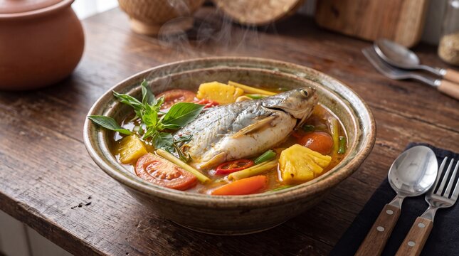Delicious Filipino Sinigang na Isda, a sour fish soup with vegetables, served in a rustic bowl on a wooden table.