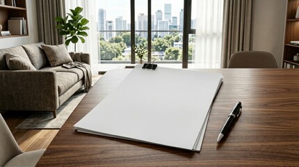 Obraz premium Blank document on a wooden desk with a city skyline visible through the window. Includes sofa, plant, and pen.