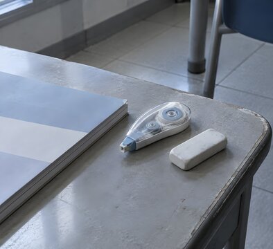 Small correction tape dispenser and a block eraser beside a closed workbook on a tuition desk