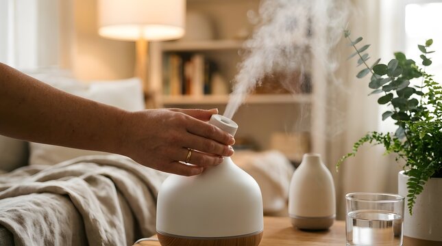 Person adjusting white ceramic essential oil diffuser in cozy bedroom