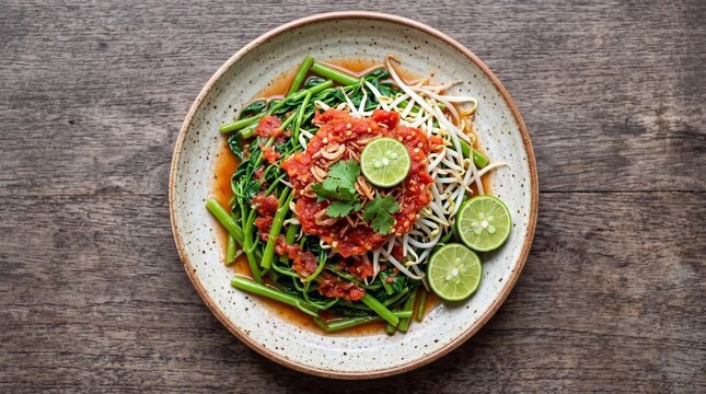 Delicious Indonesian Kangkung Plecing with Fresh Lime and Spicy Sambal.