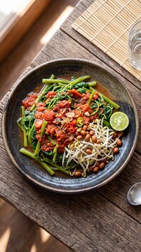 Delicious Indonesian Kangkung Plecing with Peanuts and Sprouts on a Rustic Wooden Table.