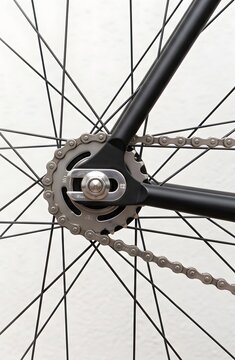 Clean Minimalist Background Of Fixed-Gear Bicycle Rear Dropout And Drivetrain Geometry With Black Frame Tubes Polished Silver Cog and Axle Against Off-White Textured Wall Broad Copy Space For Modern