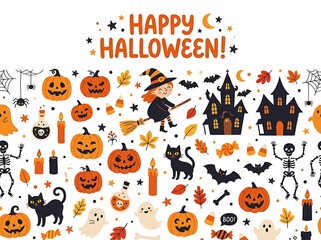 Fototapeta premium Halloween Themed Seamless Pattern with Pumpkins, Ghosts and Haunted Houses