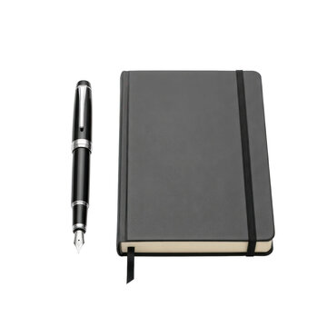 Luxury Stationery: Photo-realistic Image of Elegant Fountain Pen and Classic Notebook on Black Background