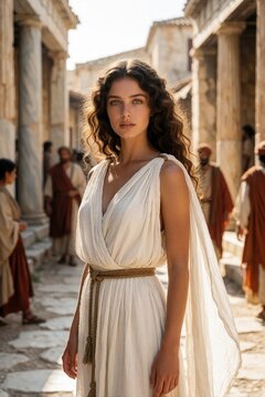 Beautiful young woman in white ancient greek dress poses in old stone city. Elegant lady with wavy hair stands among historical ruins, pillars. Mediterranean fashion model explores classic