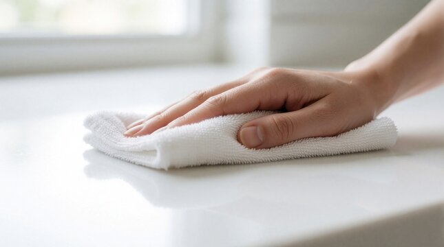 Hand wipes clean white surface with fluffy cloth. Gentle dusting motion on counter. Focus on cleanliness and hygiene at home or office. Fresh start.