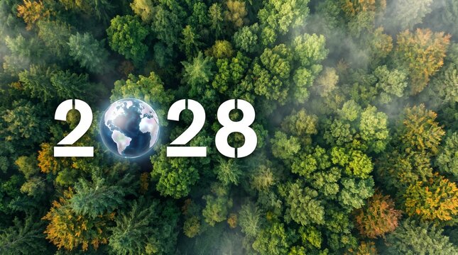 Bold white twenty twenty eight typography featuring a glowing earth globe icon on textured green leaves