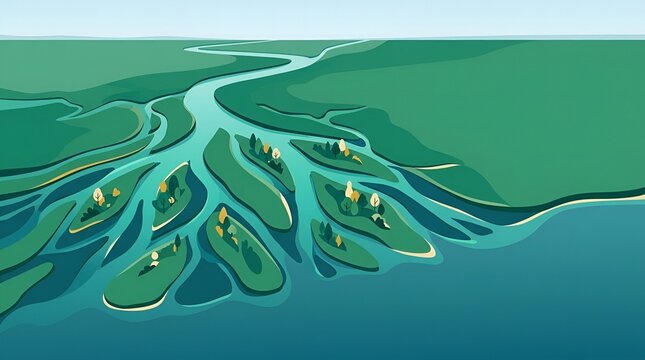 Stylized Aerial View of a River Delta Estuary with Multiple Branches and Green Islands Illustration