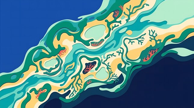 Vibrant abstract papercut illustration of underwater coral reef with organic shapes and ocean waves