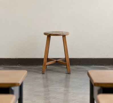 Plain wooden stool standing alone at the front of a tuition room with a worn seat and crossed legs