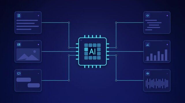 AI core processor connecting data inputs to processing and outputs in flat futuristic style. Artificial intelligence micro chip with neon glowing and input to process to output systems