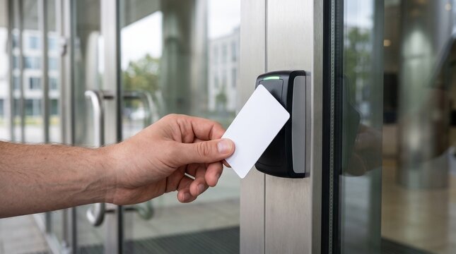 Modern access control system Person using proximity card for secure entry into office building