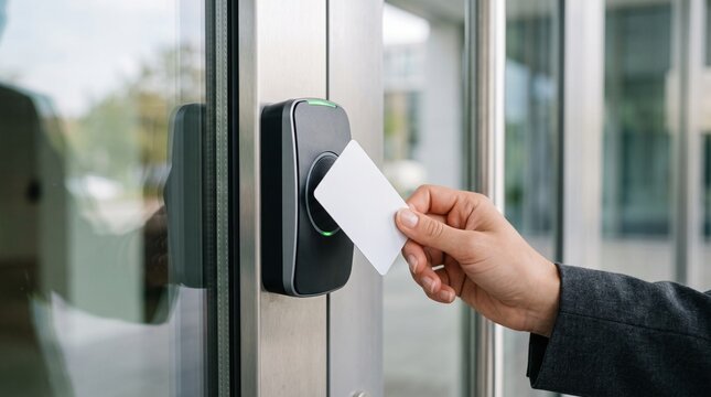 Close up of hand using contactless keycard reader for secure office entry