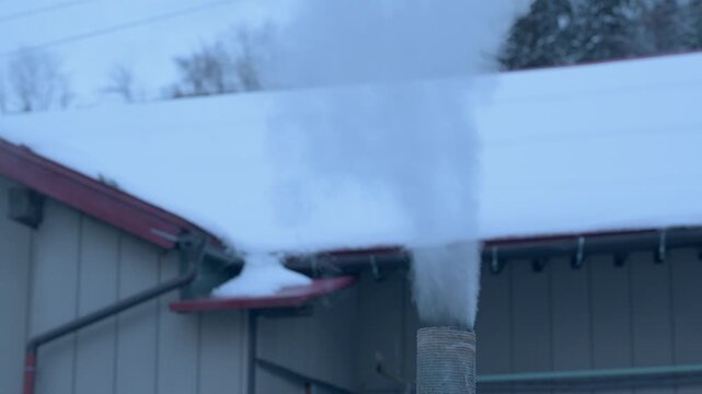 雪が積もる屋根と煙突から立ち上る白い湯気のスローモーション