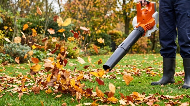 Fall cleanup Outdoor worker expertly uses leaf blower to clear colorful autumn leaves from a green lawn